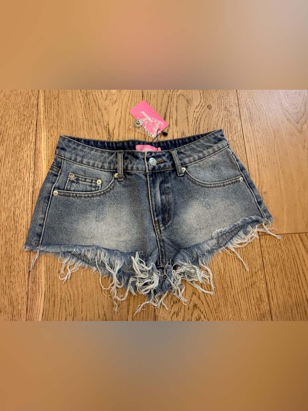 Edikted Light Blue Frayed Hem Denim Shorts with Pink Label